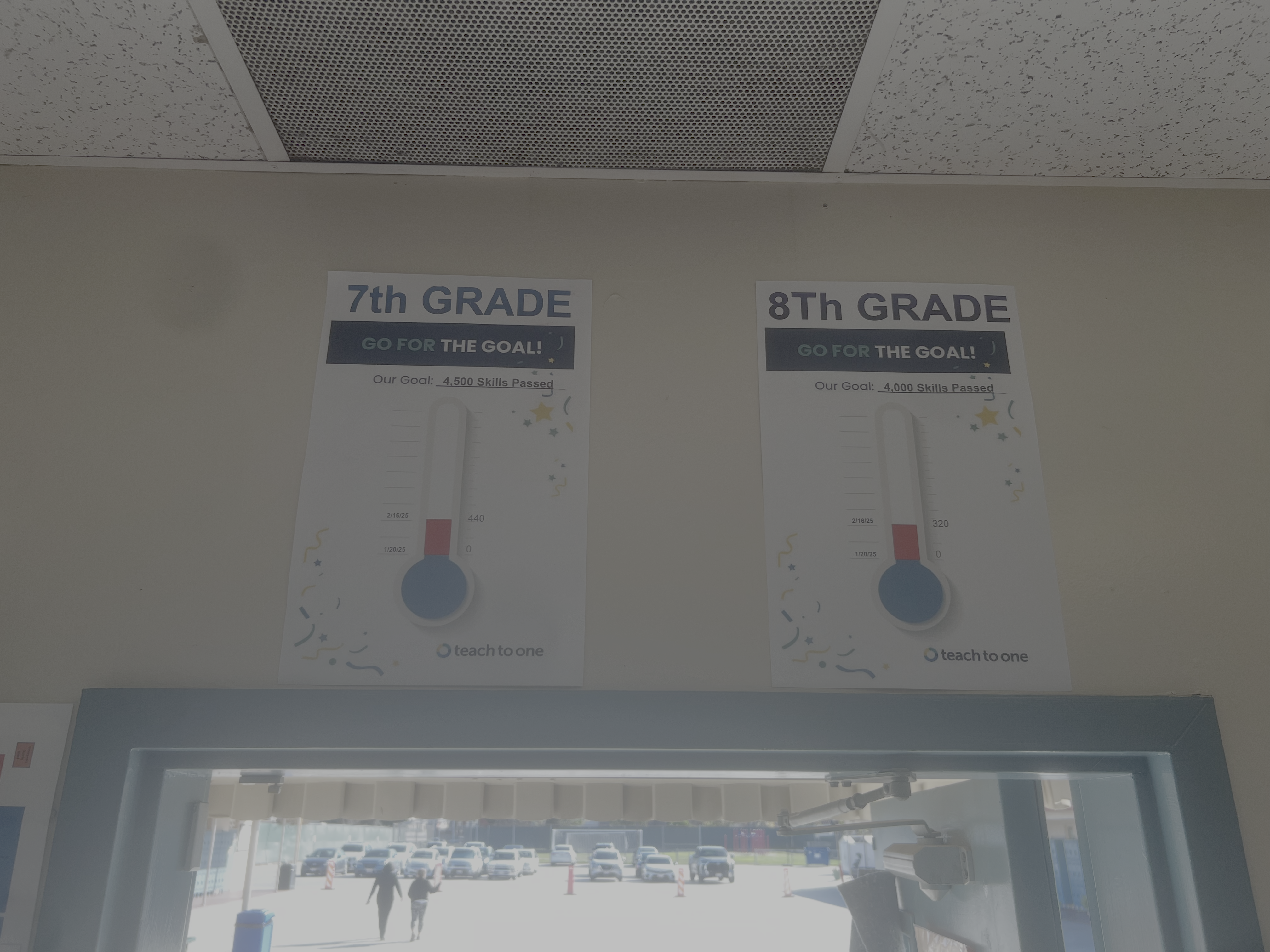 To build momentum and motivate students, Mr. Coleman, Valley Charter’s math lead, uses printed thermometers to track and display the number of skills passed by each class.